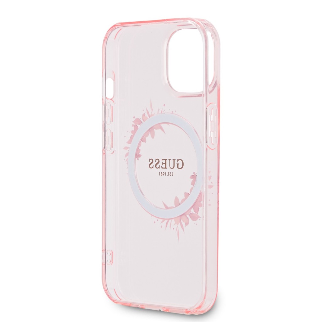 Guess PC/TPU Flowers Ring Glossy Logo MagSafe Zadní Kryt pro iPhone 15 Pink