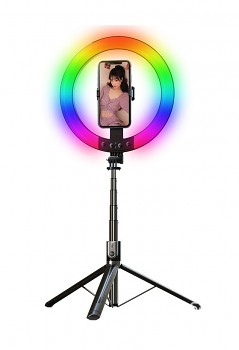 Bluetooth selfie tyč Ring Light P100-RGB s LED osvětlením černá