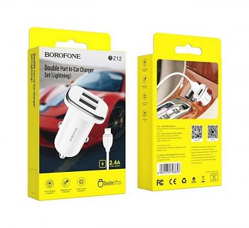 Nabíječka do auta Borofone BZ12 12W pro iPhone včetně datového kabelu Dual bílá4