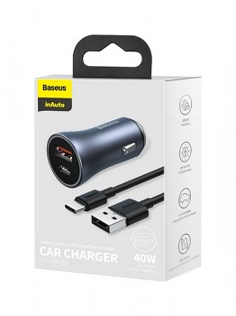 Rychlonabíječka do auta Baseus Golden Contactor Pro 40W včetně USB-C datového kabelu šedá 2