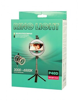 Bluetooth selfie tyč Ring Light P40D-2 s LED osvětlením černá ROZBALENA 