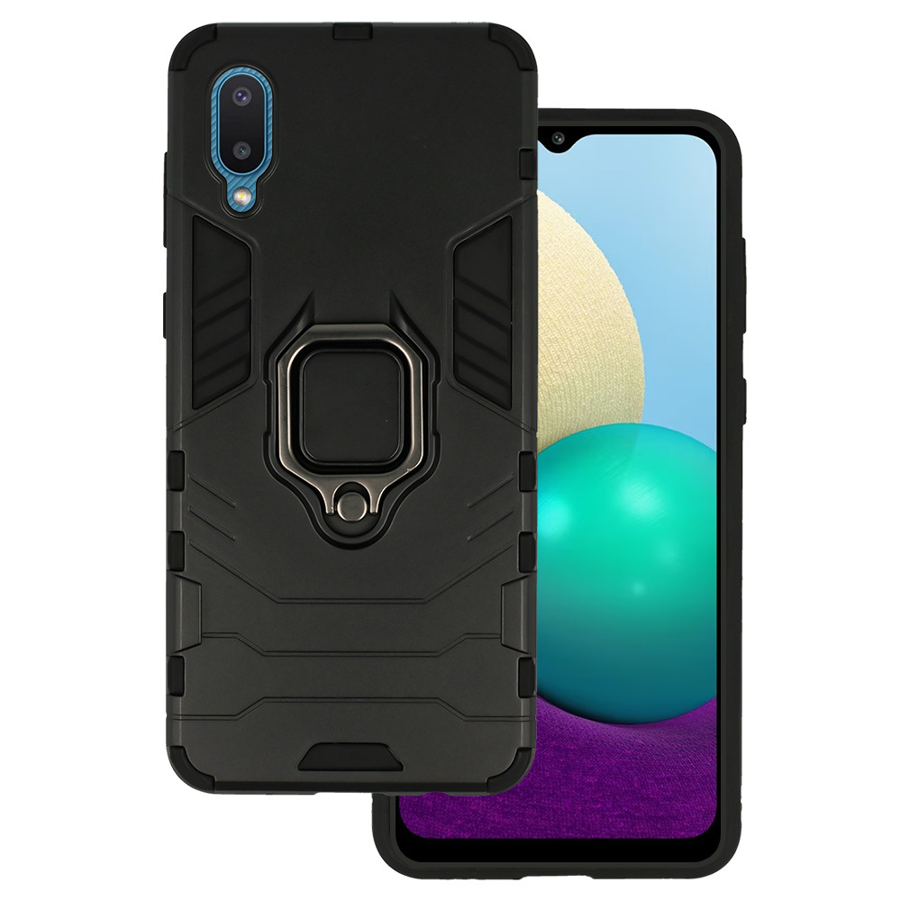 Levně Ultra odolný zadní kryt pro Samsung Galaxy A02 černý s prstenem