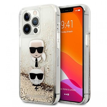 Originální pouzdro KARL LAGERFELD Liquid Glitter Karl&Choupette Head KLHCP13LKICGLD pro Iphone 13 Pro Gold