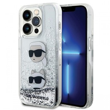 Originální pouzdro KARL LAGERFELD hardcase Liquid Glitter Karl & Choupette Heads KLHCP14XLDHKCNS pro Iphone 14 Pro Max silver