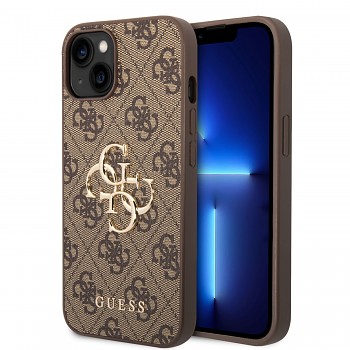 Guess PU 4G Metal Logo Zadní Kryt pro iPhone 15 Plus Brown