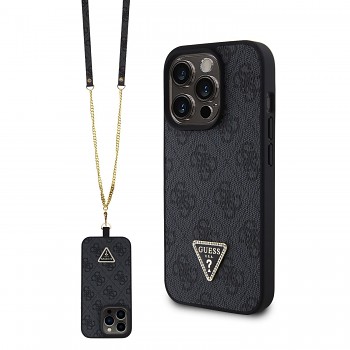 Guess PU 4G Strass Triangle Metal Logo Zadní Kryt + Crossbody Popruh pro iPhone 15 Pro Black