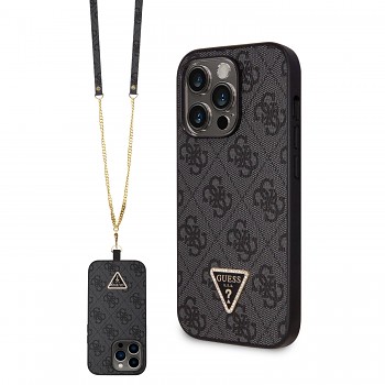 Guess PU 4G Strass Triangle Metal Logo Zadní Kryt + Crossbody Popruh pro iPhone 15 Pro Max Black