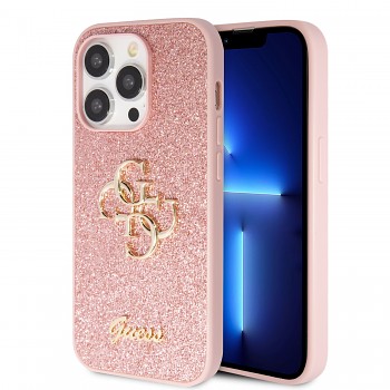 Guess PU Fixed Glitter 4G Metal Logo Zadní Kryt pro iPhone 15 Pro Pink