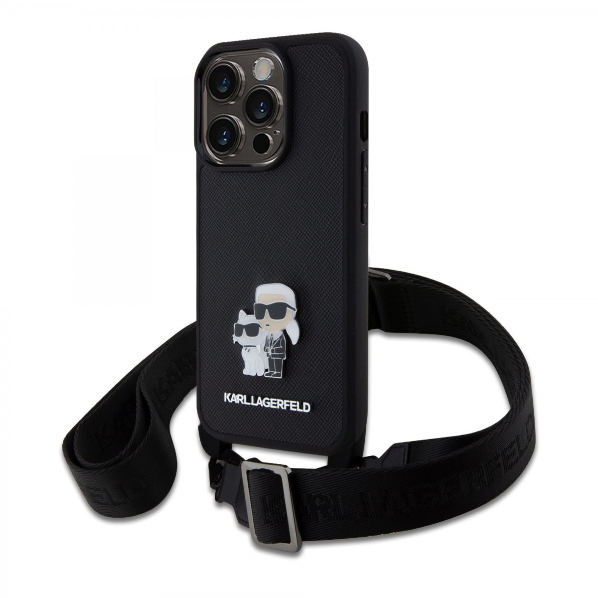 Levně Karl Lagerfeld Saffiano Crossbody Metal Karl and Choupette Zadní Kryt pro iPhone 15 Pro Black