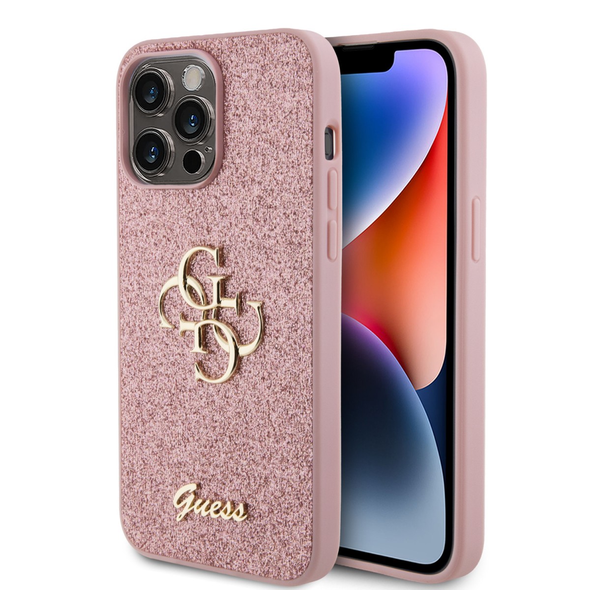 Levně Guess PU Fixed Glitter 4G Metal Logo Zadní Kryt pro iPhone 15 Pro Max Pink