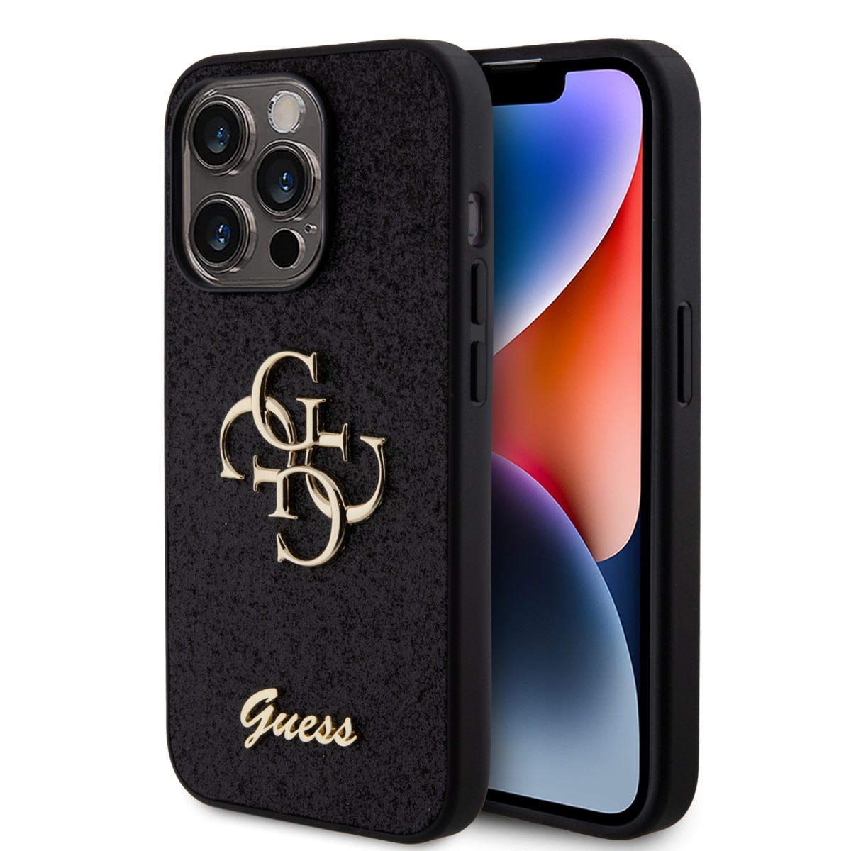 Levně Guess PU Fixed Glitter 4G Metal Logo Zadní Kryt pro iPhone 15 Pro Black