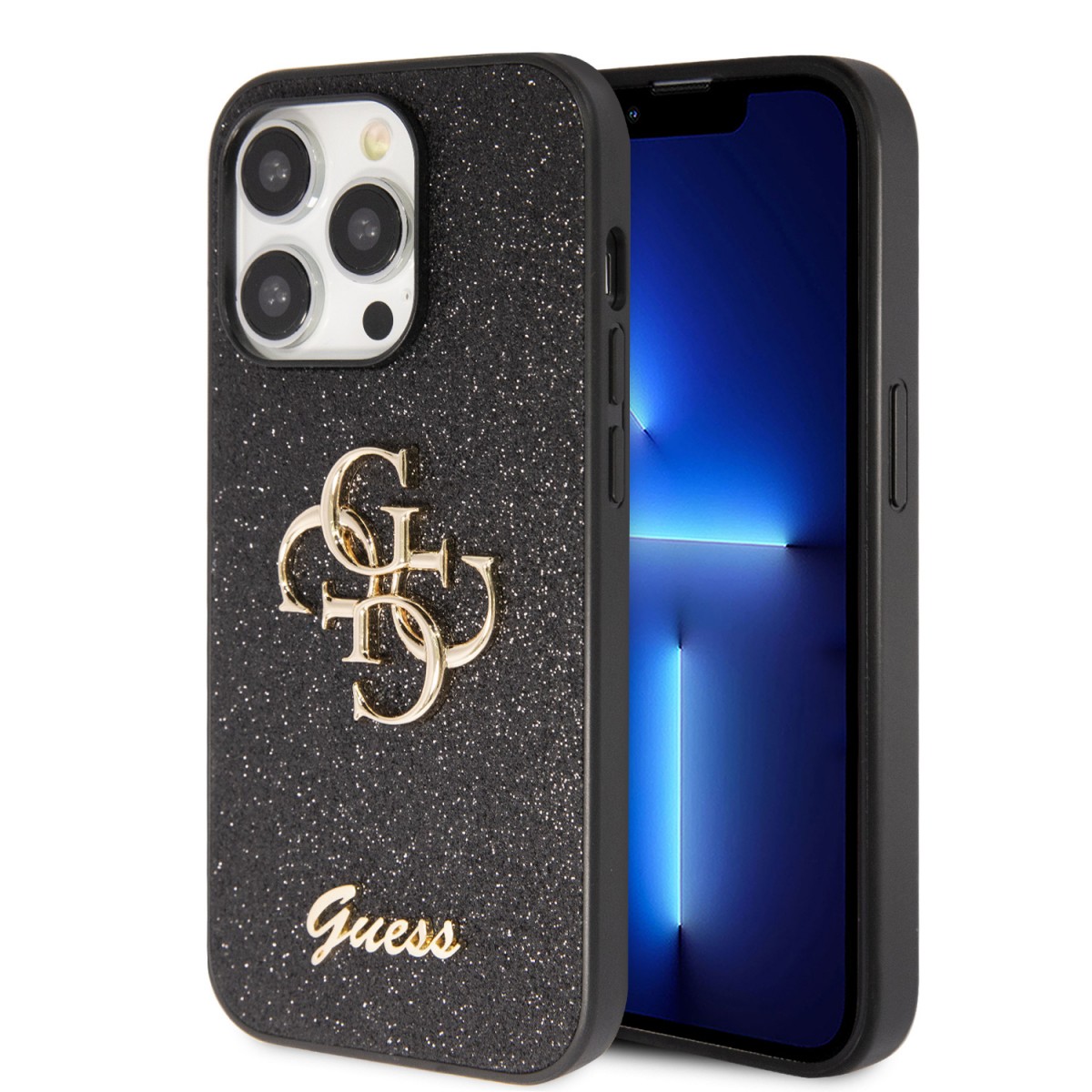 Levně Guess PU Fixed Glitter 4G Metal Logo Zadní Kryt pro iPhone 15 Pro Max Black