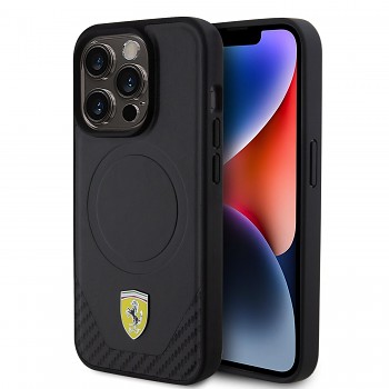 Ferrari PU Leather Bottom Carbon MagSafe Zadní Kryt pro iPhone 15 Pro Black