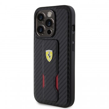 Ferrari Carbon Grip Stand Zadní Kryt pro iPhone 15 Pro Max Black