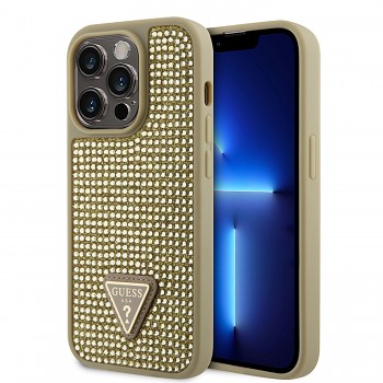 Guess Rhinestones Triangle Metal Logo Kryt pro iPhone 15 Pro Gold