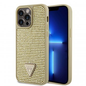 Guess Rhinestones Triangle Metal Logo Kryt pro iPhone 15 Pro Max Gold