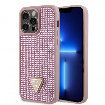 Guess Rhinestones Triangle Metal Logo Kryt pro iPhone 15 Pro Max Pink