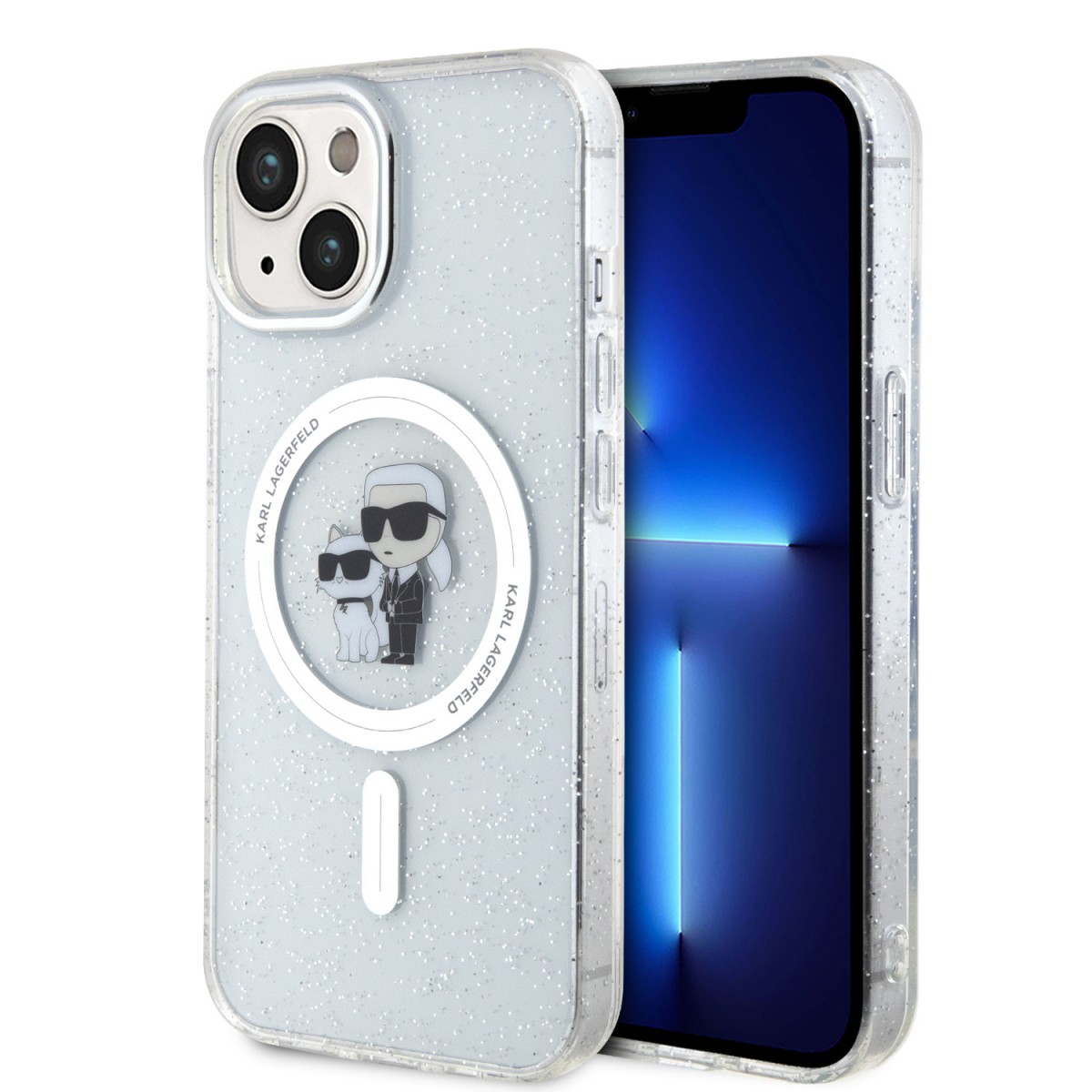 Levně Karl Lagerfeld IML Glitter Karl and Choupette MagSafe Zadní Kryt pro iPhone 15 Transparent