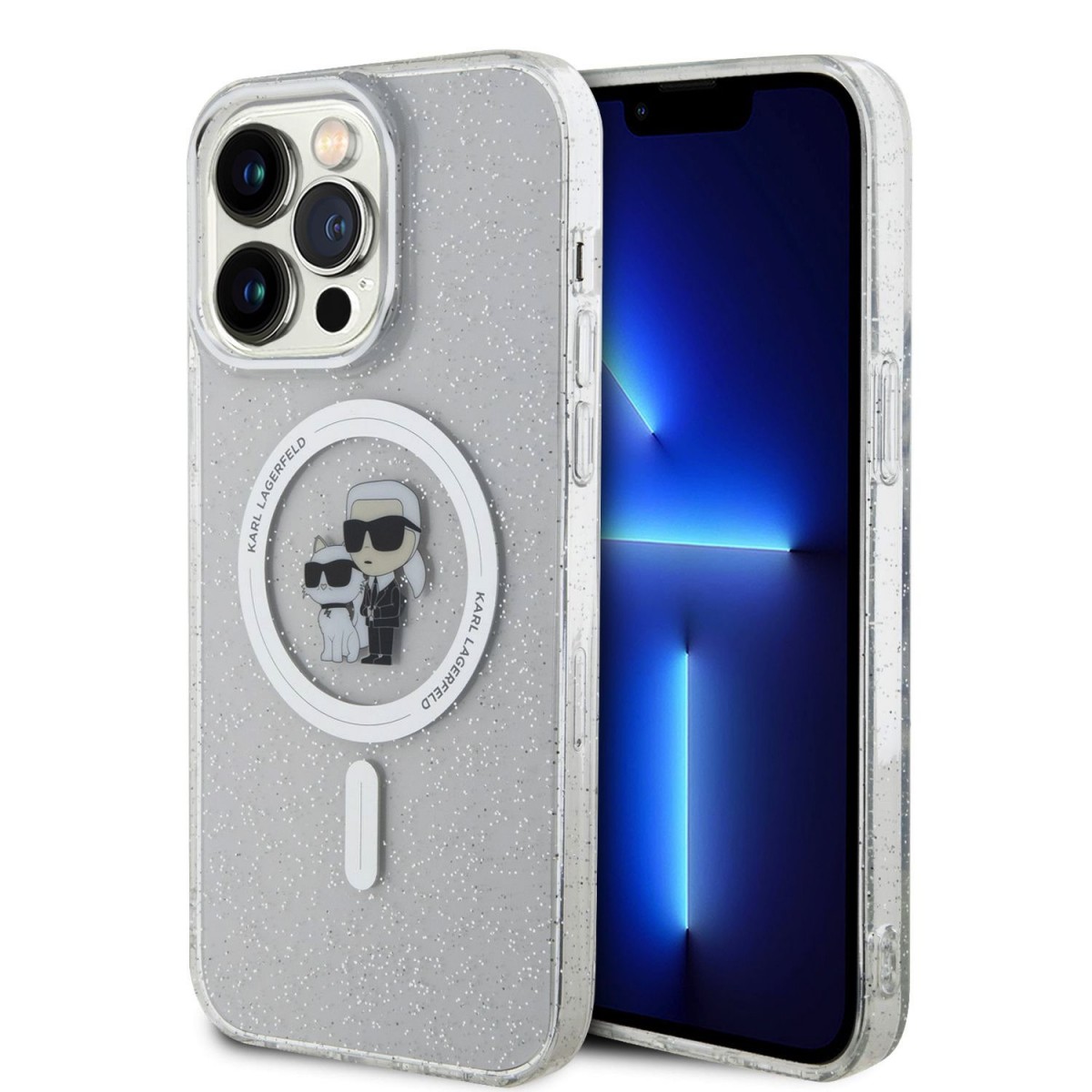 Levně Karl Lagerfeld IML Glitter Karl and Choupette MagSafe Zadní Kryt pro iPhone 15 Pro Max Transparent