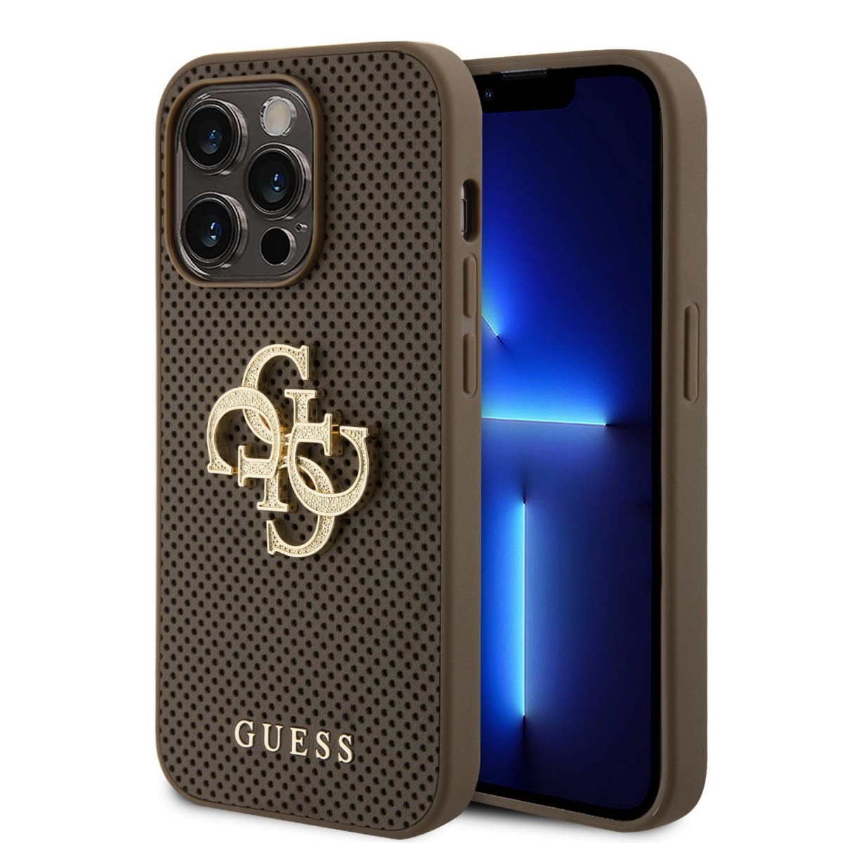 Levně Guess PU Perforated 4G Glitter Metal Logo Zadní Kryt pro iPhone 15 Pro Taupe