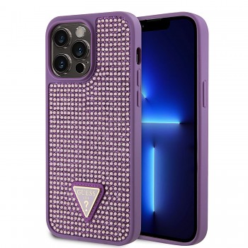 Guess Rhinestones Triangle Metal Logo Kryt pro iPhone 15 Pro Max Purple