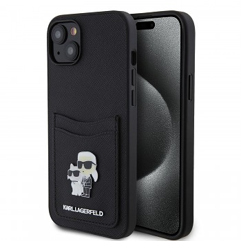 Karl Lagerfeld PU Saffiano Card Slot Metal Karl and Choupette Zadní Kryt pro iPhone 15 Black