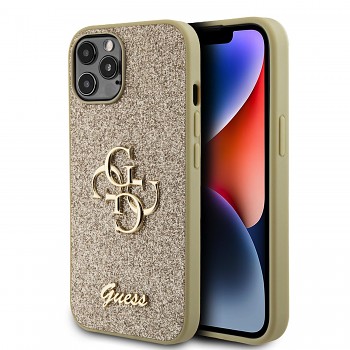 Guess PU Fixed Glitter 4G Metal Logo Zadní Kryt pro iPhone 12 - 12 Pro Gold