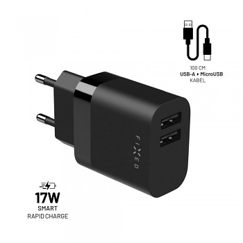 Set síťové nabíječky FIXED s 2xUSB výstupem a USB/micro USB kabelu, 1 metr, 17W Smart Rapid Charge, černá