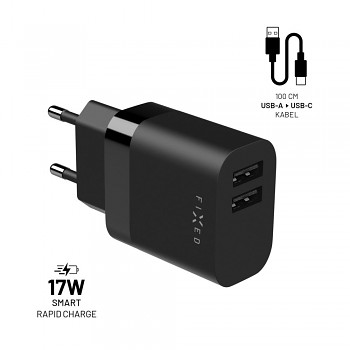 Set síťové nabíječky FIXED s 2xUSB výstupem a USB/USB-C kabelu, 1 metr, 17W Smart Rapid Charge, černá