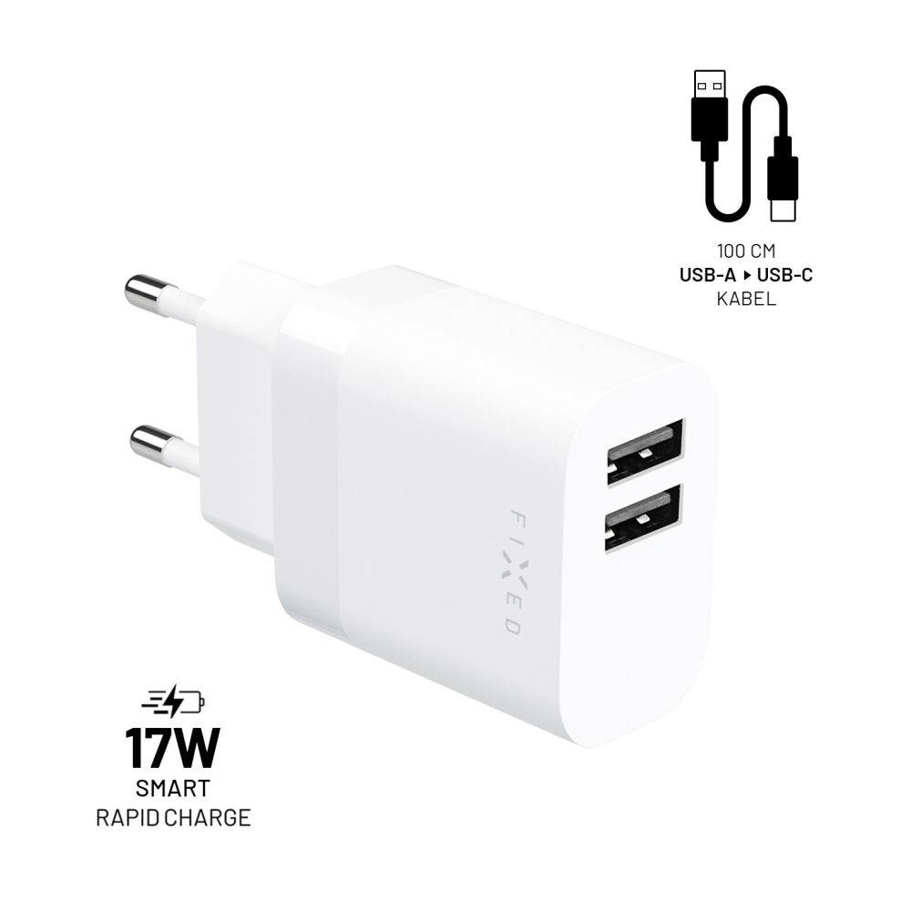 Levně Set síťové nabíječky FIXED s 2xUSB výstupem a USB/USB-C kabelu, 1 metr, 17W Smart Rapid Charge, bílá