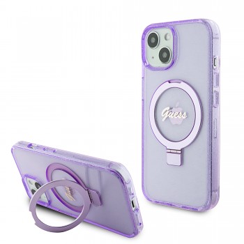 Guess IML Ring Stand Glitter MagSafe Zadní Kryt pro iPhone 15 Purple