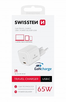 Cestovní adaptér Swissten Gan 1xUSB-C s funkcí rychlonabíjení 65W bílý