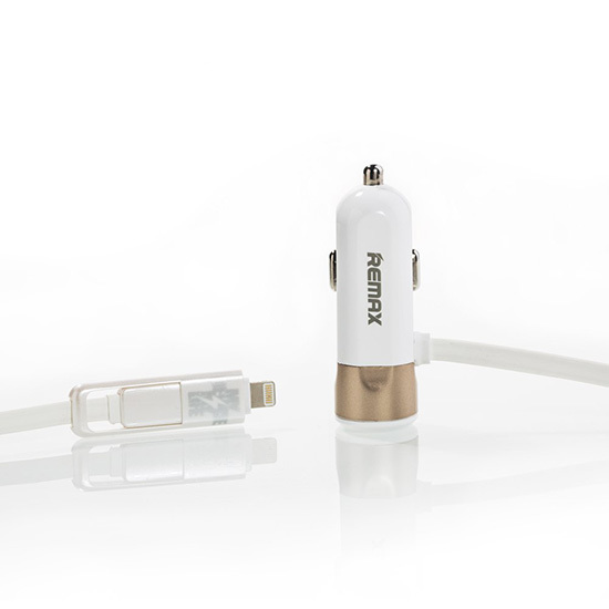 Levně Nabíječka do auta REMAX RCC-102 2v1 vč. microUSB a Lightning datového kabelu zlatá