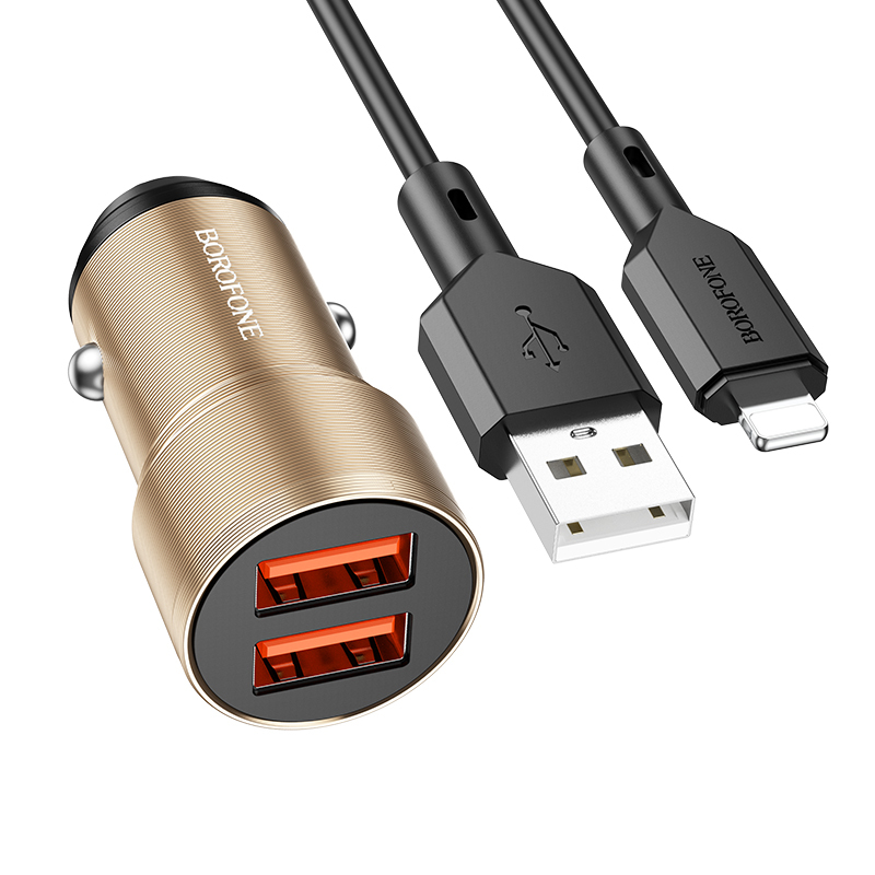 Levně Nabíječka do auta Borofone BZ19 vč. Lightning kabelu Dual 12W zlatá