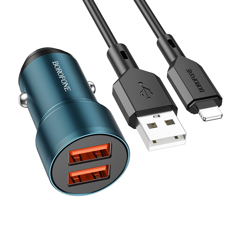 Levně Nabíječka do auta Borofone BZ19 vč. Lightning kabelu Dual 12W modrá