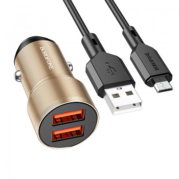 Nabíječka do auta Borofone BZ19 vč. microUSB datového kabelu Dual 12W zlatá