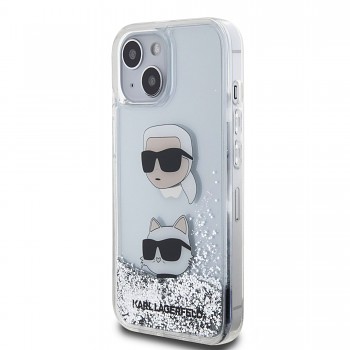 Karl Lagerfeld Liquid Glitter Karl and Choupette Head Zadní Kryt pro iPhone 15 Plus Silver