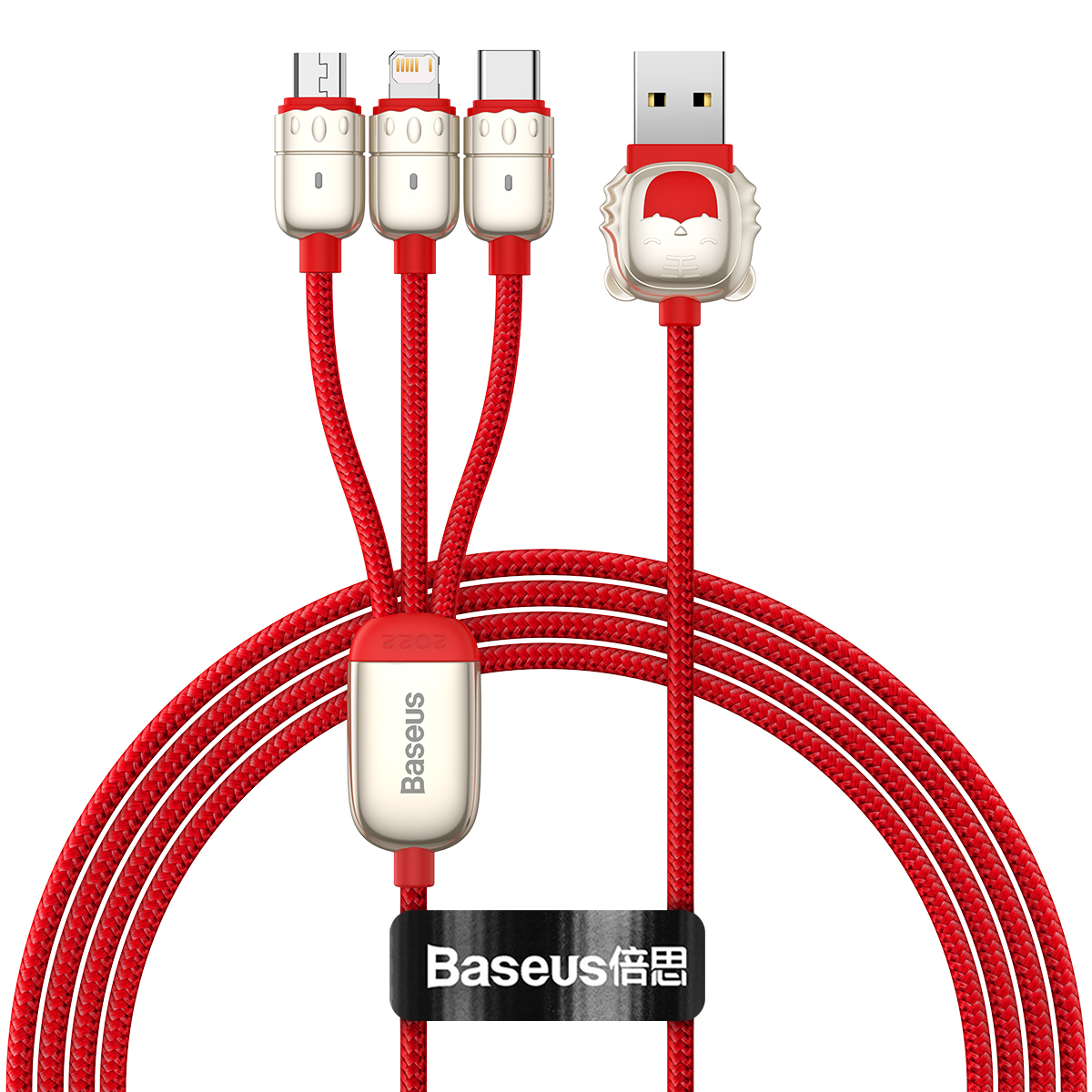 Levně Kabel Baseus Year of the Tiger 3 in 1 - USB na Type C, Lightning, Micro USB - 3,5A 1,2 metru (CASX010009) červený