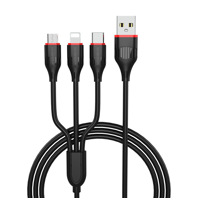 Levně Kabel Borofone BX17 Enjoy 3 v 1 - USB na Type C, Micro USB, Lightning - 2,4A 1 metr černý