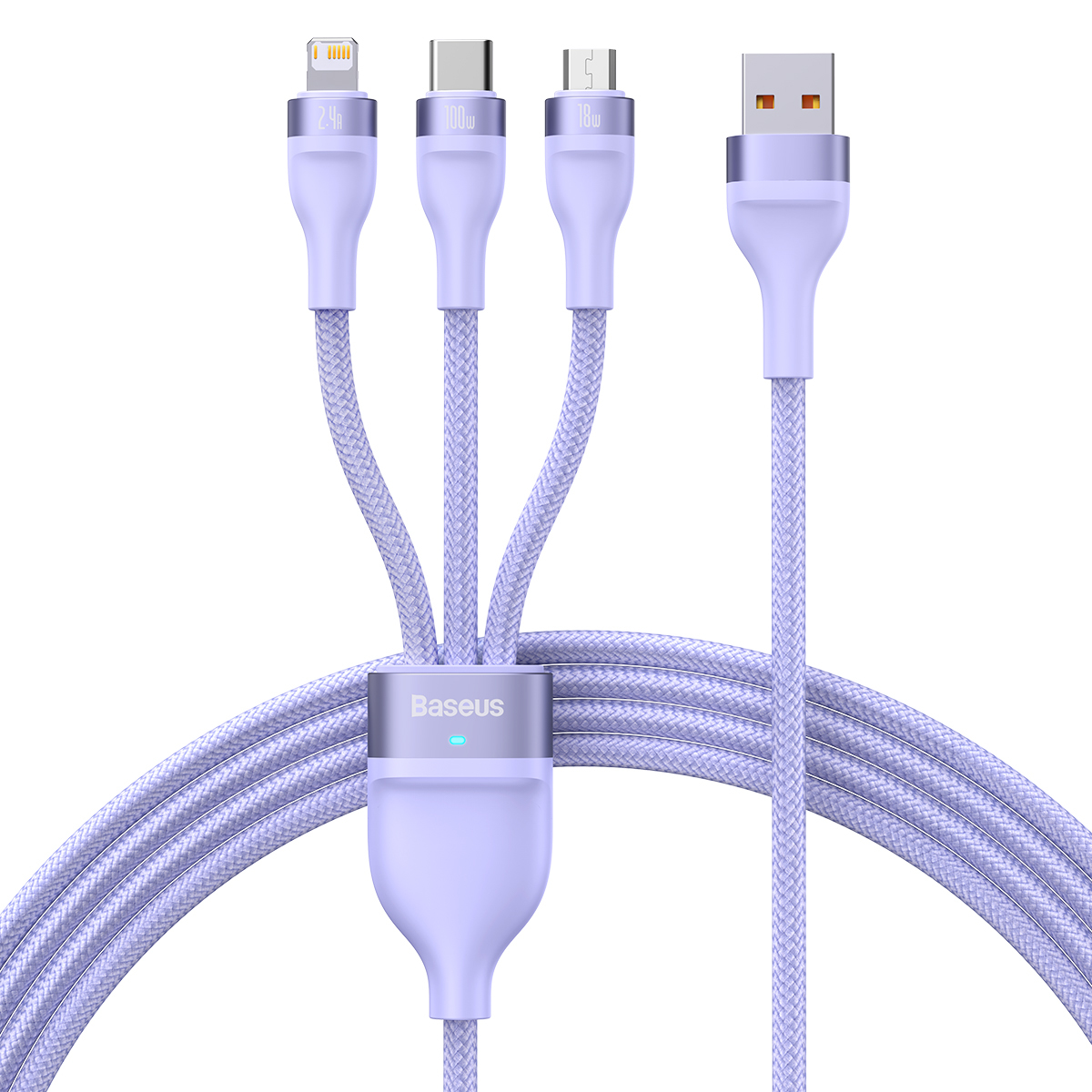 Levně Kabel Baseus Flash Series II 3 v 1 - USB na Type C, Lightning, Micro USB - 100W 6A 1,2 metru (CASS030005) fialový
