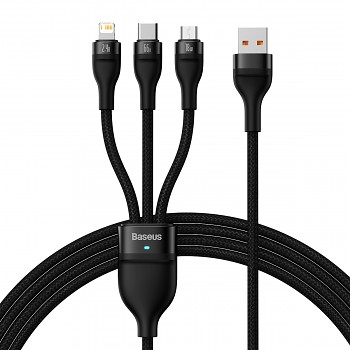 Kabel Baseus Flash Series II 3 v 1 - USB na Type C, Lightning, Micro USB - 66W 6A 1,2 metru (CASS040001) černý