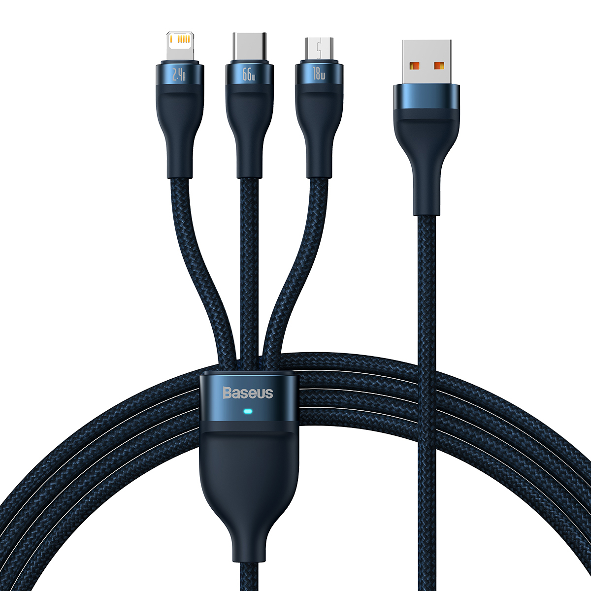 Levně Kabel Baseus Flash Series II 3 v 1 - USB Type C, Lightning, Micro USB - 66W 6A 1,2 metru (CASS040003) modrý