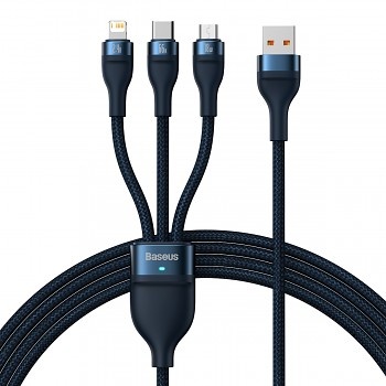 Kabel Baseus Flash Series II 3 v 1 - USB Type C, Lightning, Micro USB - 66W 6A 1,2 metru (CASS040003) modrý