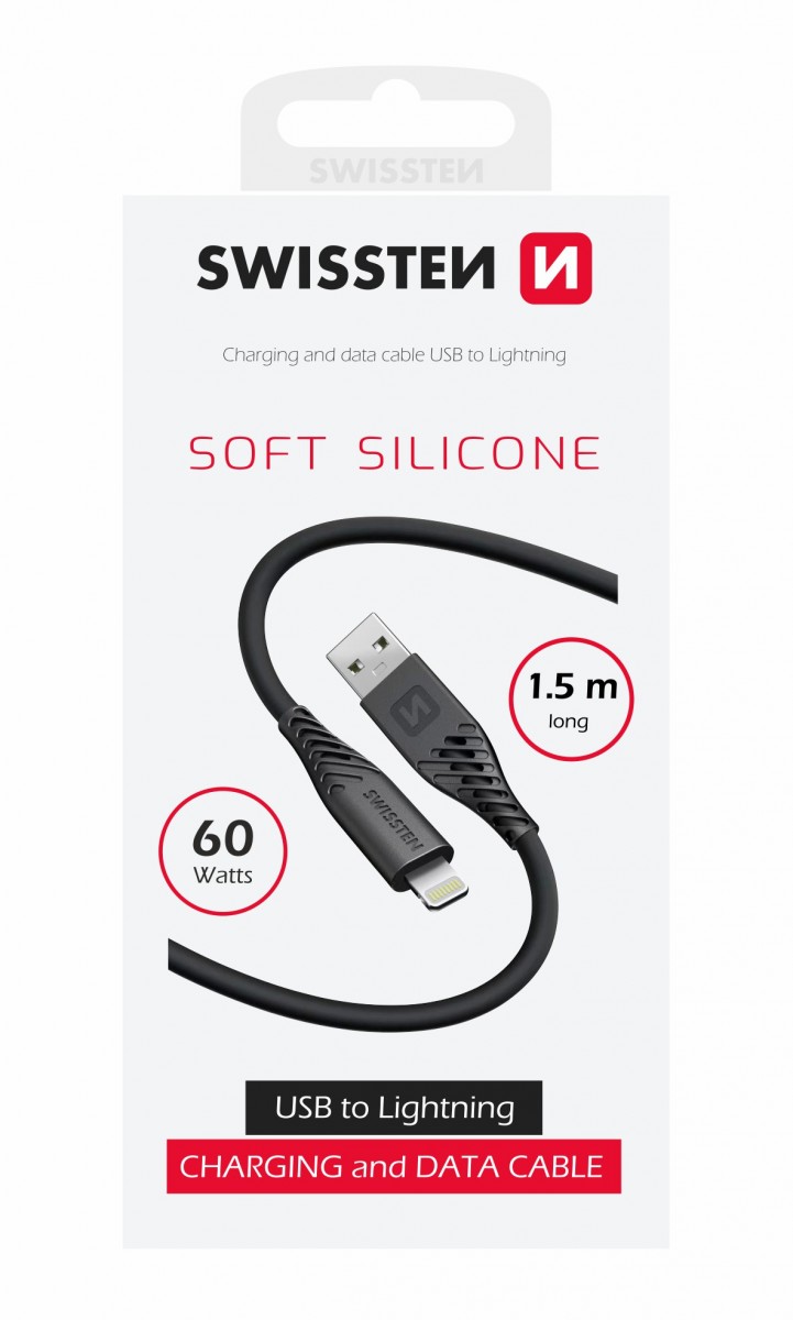 Levně Datový kabel swissten soft silicone usb / lightning 1,5 m 60w černý