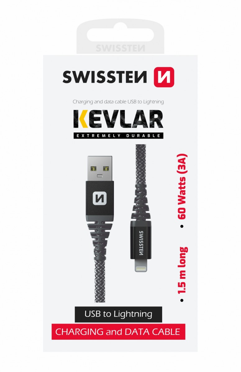 Levně Datový kabel swissten kevlar usb / lightning 1,5 m antracit