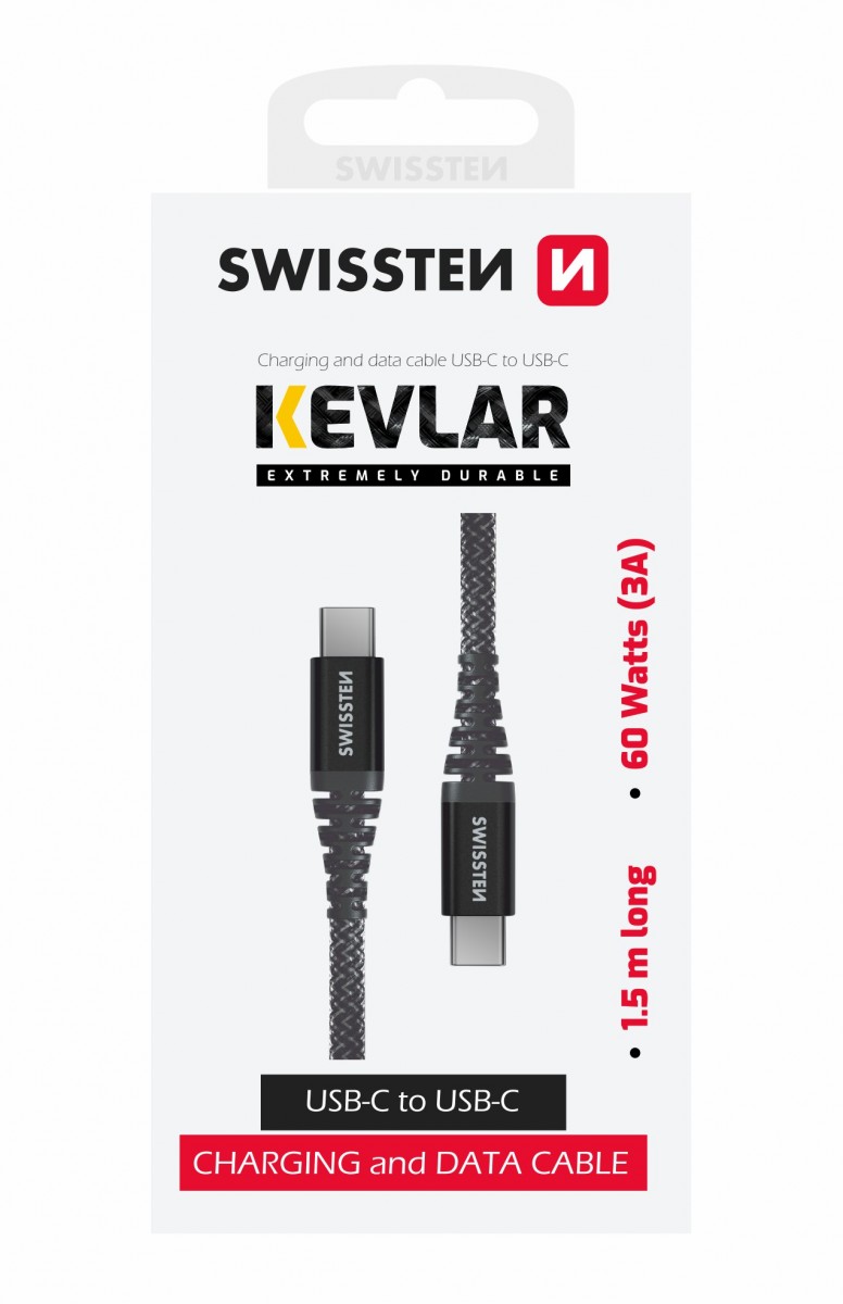 Levně Datový kabel swissten kevlar usb-c / usb-c 1,5 m antracit
