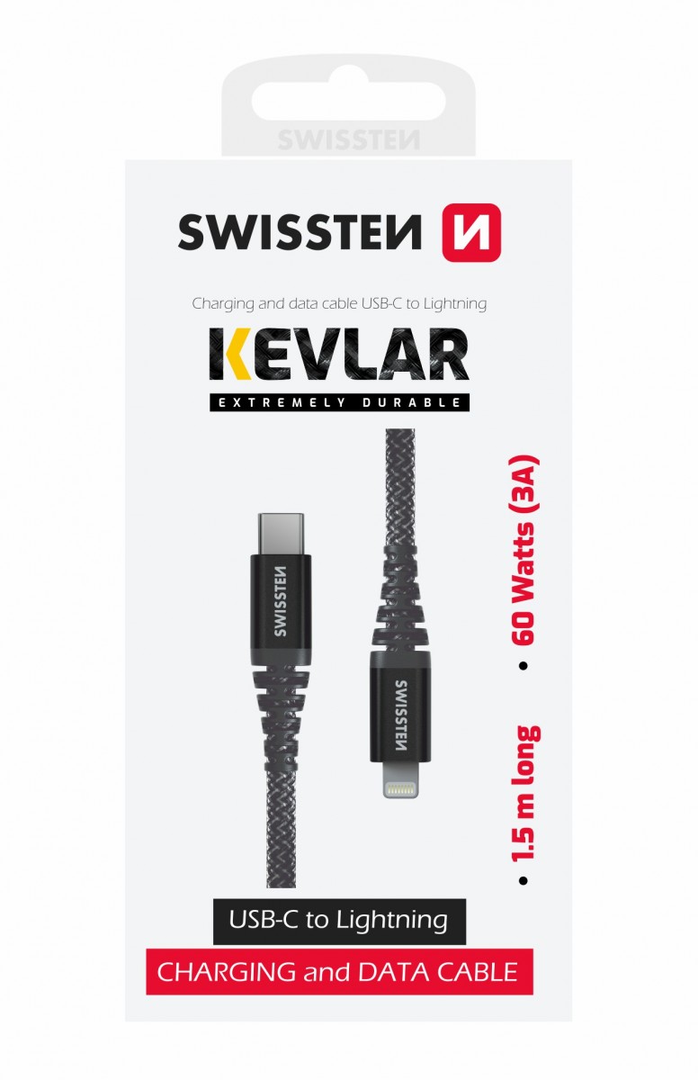 Levně Datový kabel swissten kevlar usb-c / lightning 1,5 m antracit