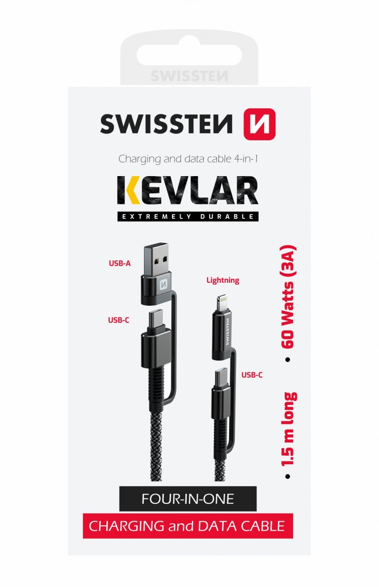 Levně Datový kabel swissten kevlar 4in1 3a 1,5 m antracit