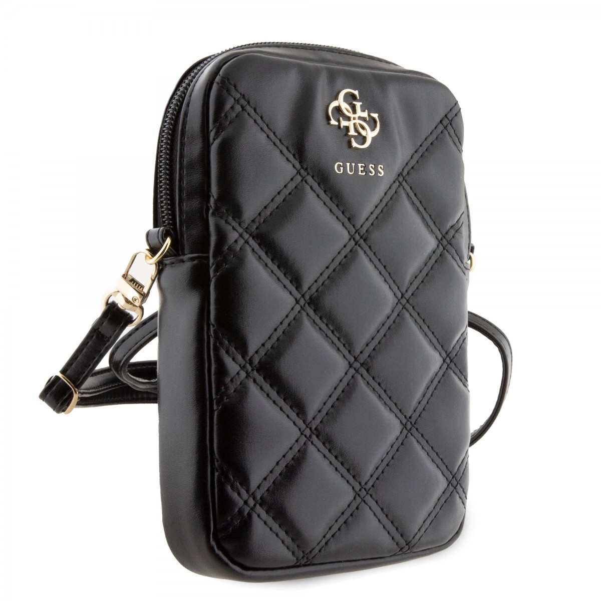 Levně Guess PU Quilted 4G Metal Logo Walltet Phone Bag Zipper Black