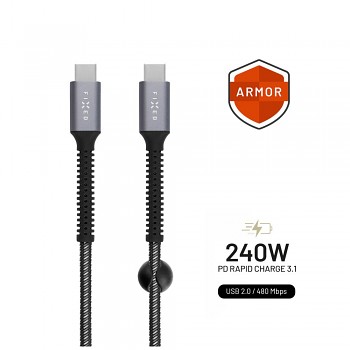 Dlouhý nabíjecí a datový odolný kabel FIXED Armor s konektory USB-C/USB-C a podporou PD, 2m, USB 2.0, 240W, šedý